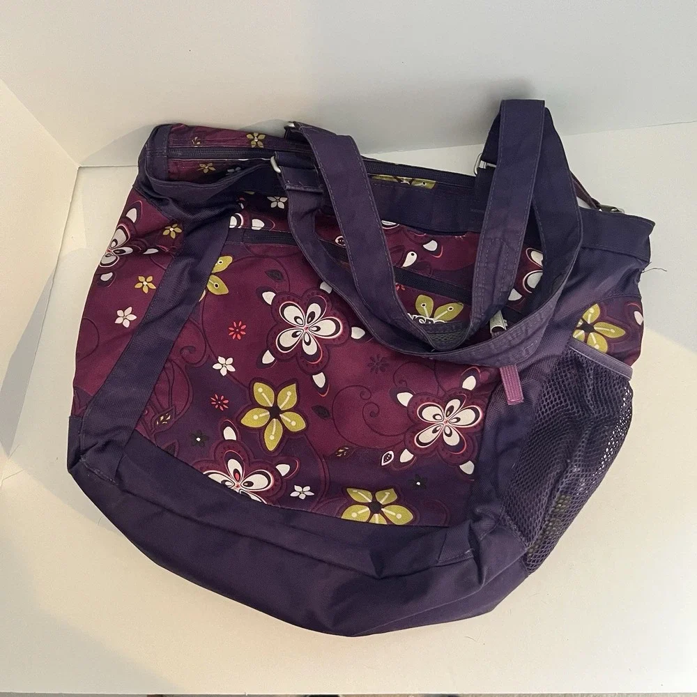 JanSport Womens Laptop Tote Bag Purple Floral Print Nylon Zip Top
